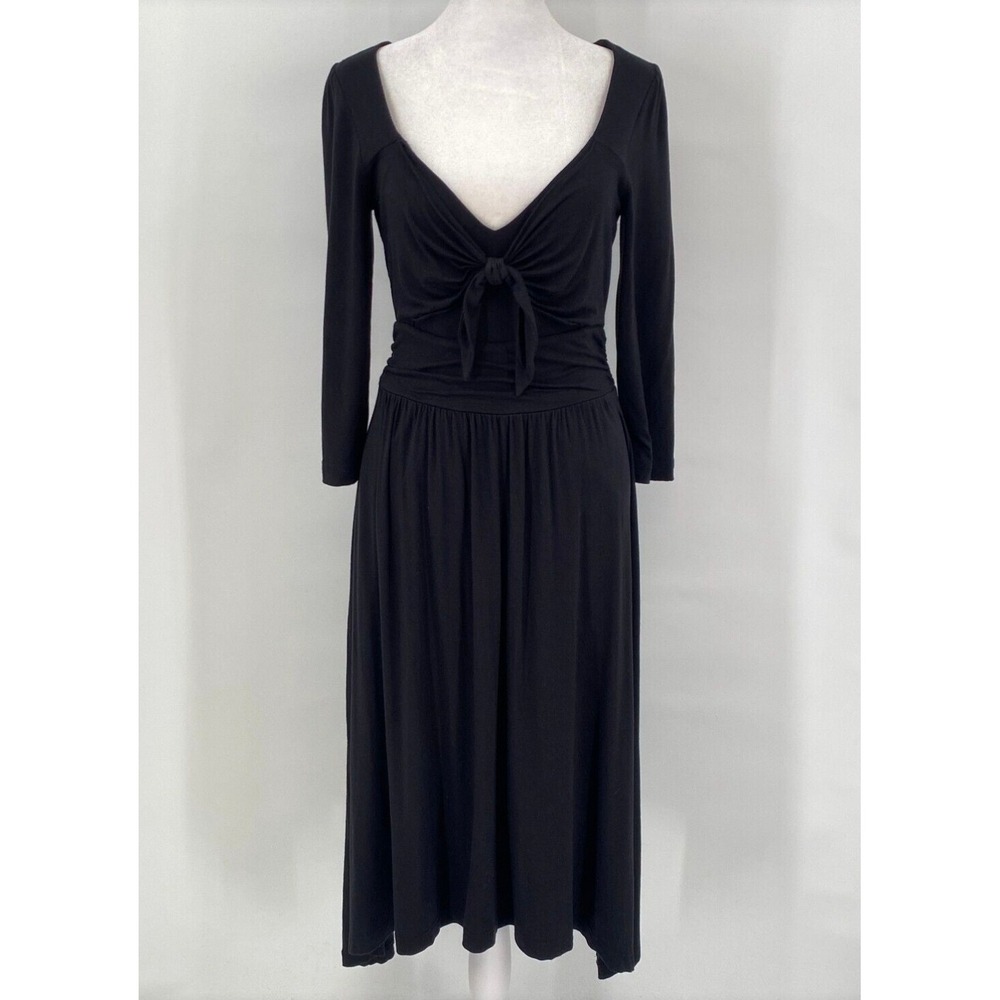 Maeve Anthropologie beloved tie front midi fit flare dress Black 3/4 Sleeve S SM